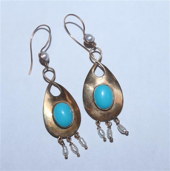 A pair of yellow metal, turquoise and drop baroque pearl earrings, one marked 9ct, overall approx. 6cm.